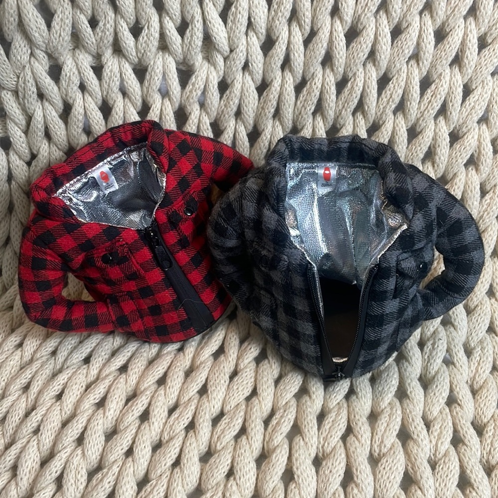 Puffin Drinkware set of two insulated flannel shirt coozies.